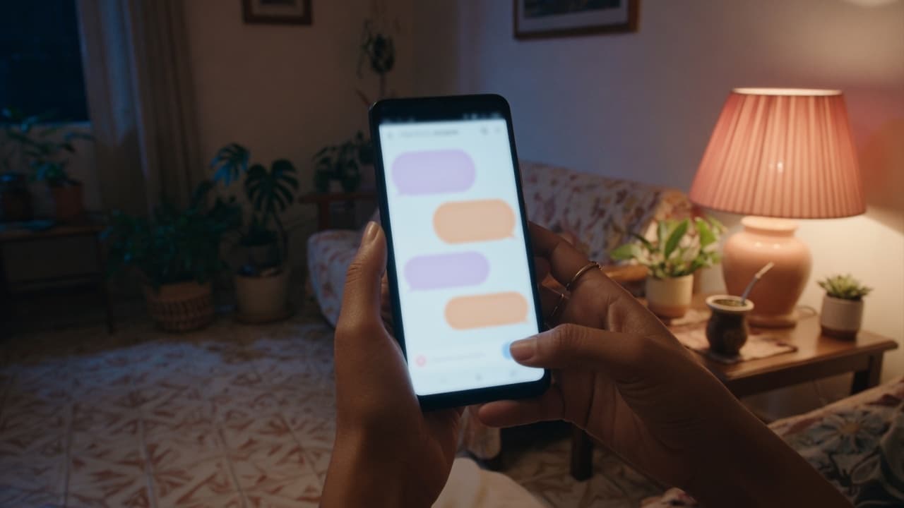 Mao segura um celular com conversa iluminada numa sala a noite